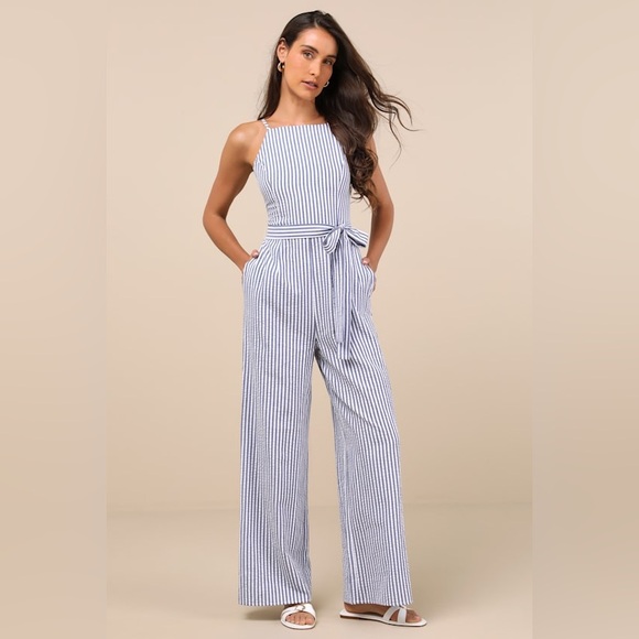 Lulus Pants - NWT Lulus Messina Blue Striped Wide-Leg Jumpsuit XL